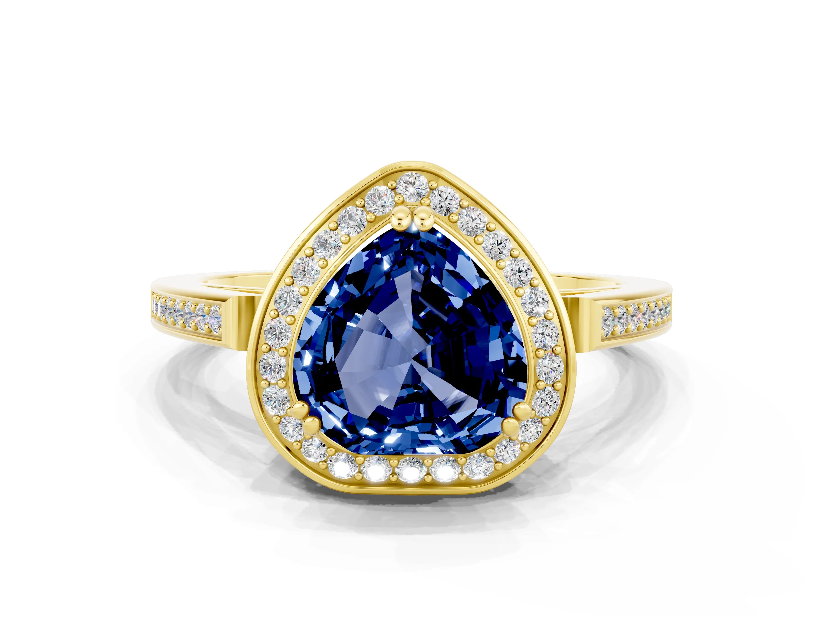 Yellow gold {shape_name} Blue Sapphire Halo Ring with Split Shank and Four-Prong Setting