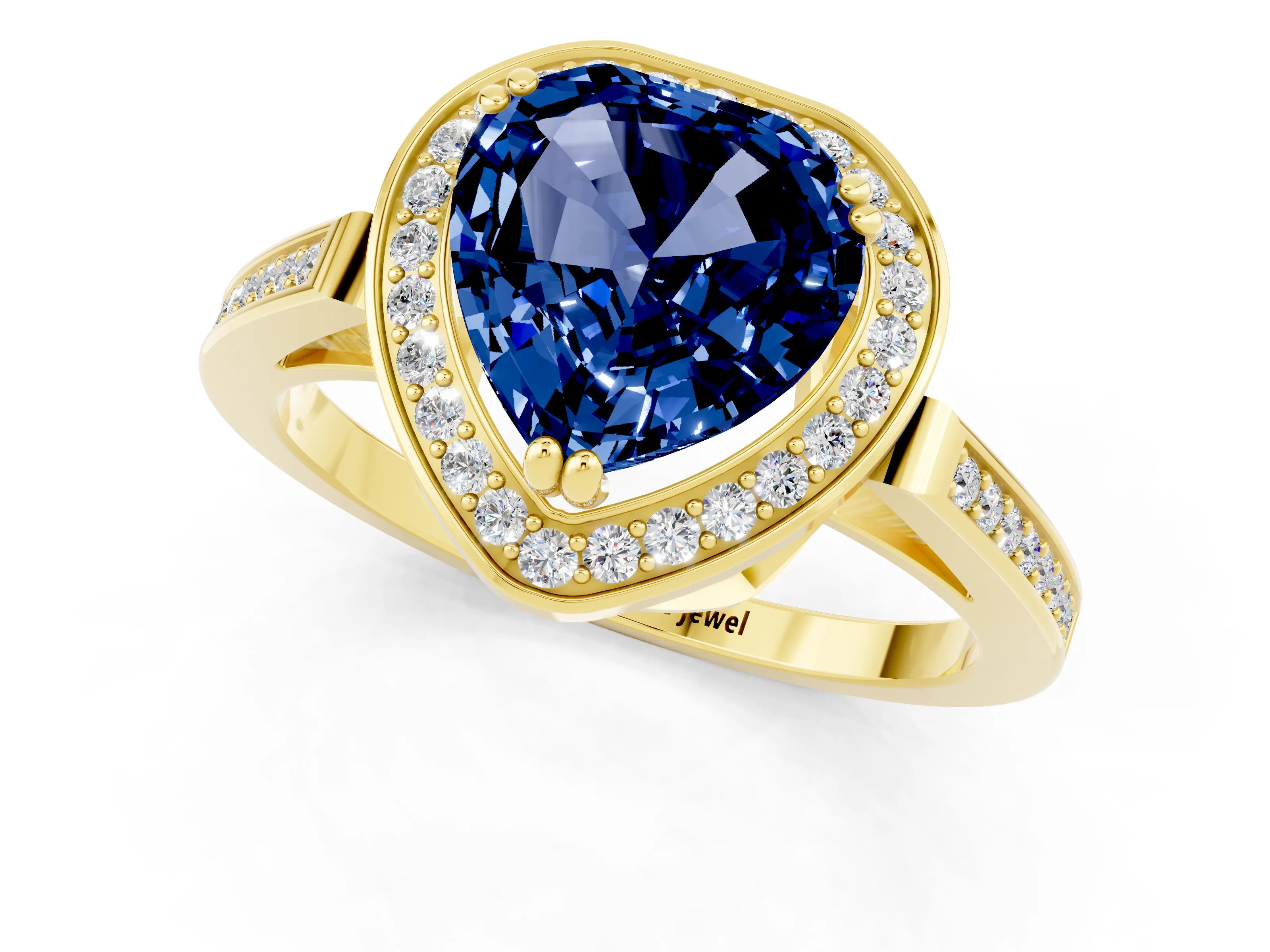 Yellow gold {shape_name} Blue Sapphire Halo Ring with Split Shank and Four-Prong Setting_1