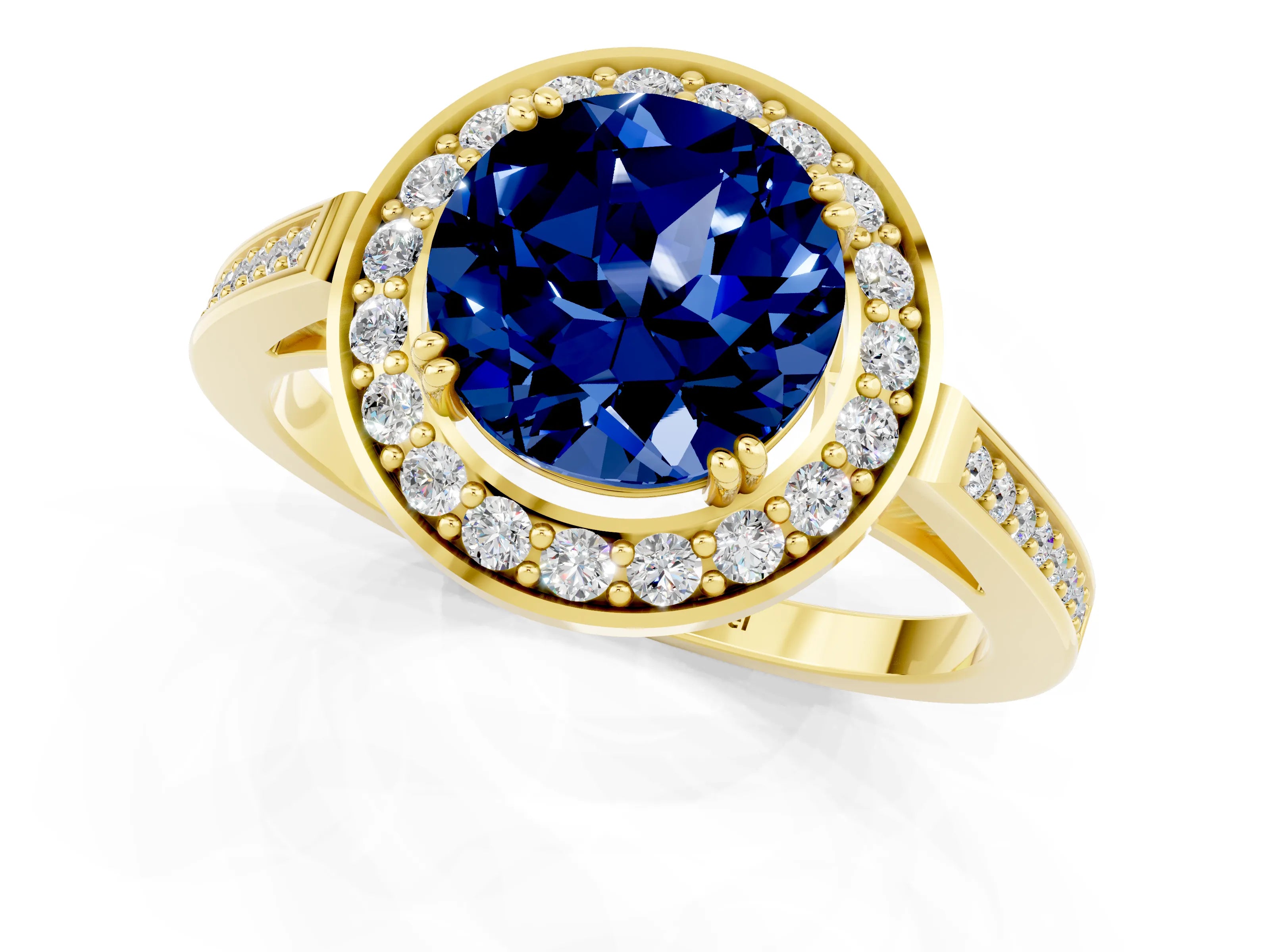 Yellow gold {shape_name} Blue Sapphire Halo Ring with Split Shank and Four-Prong Setting_1