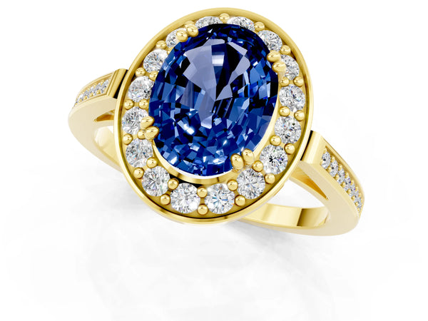 Yellow gold Oval Cut Blue Sapphire Halo Ring with Split Shank and Four-Prong Setting