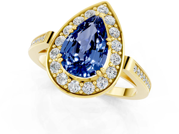 Yellow gold Pear Cut Blue Sapphire Halo Ring with Split Shank and Four-Prong Setting