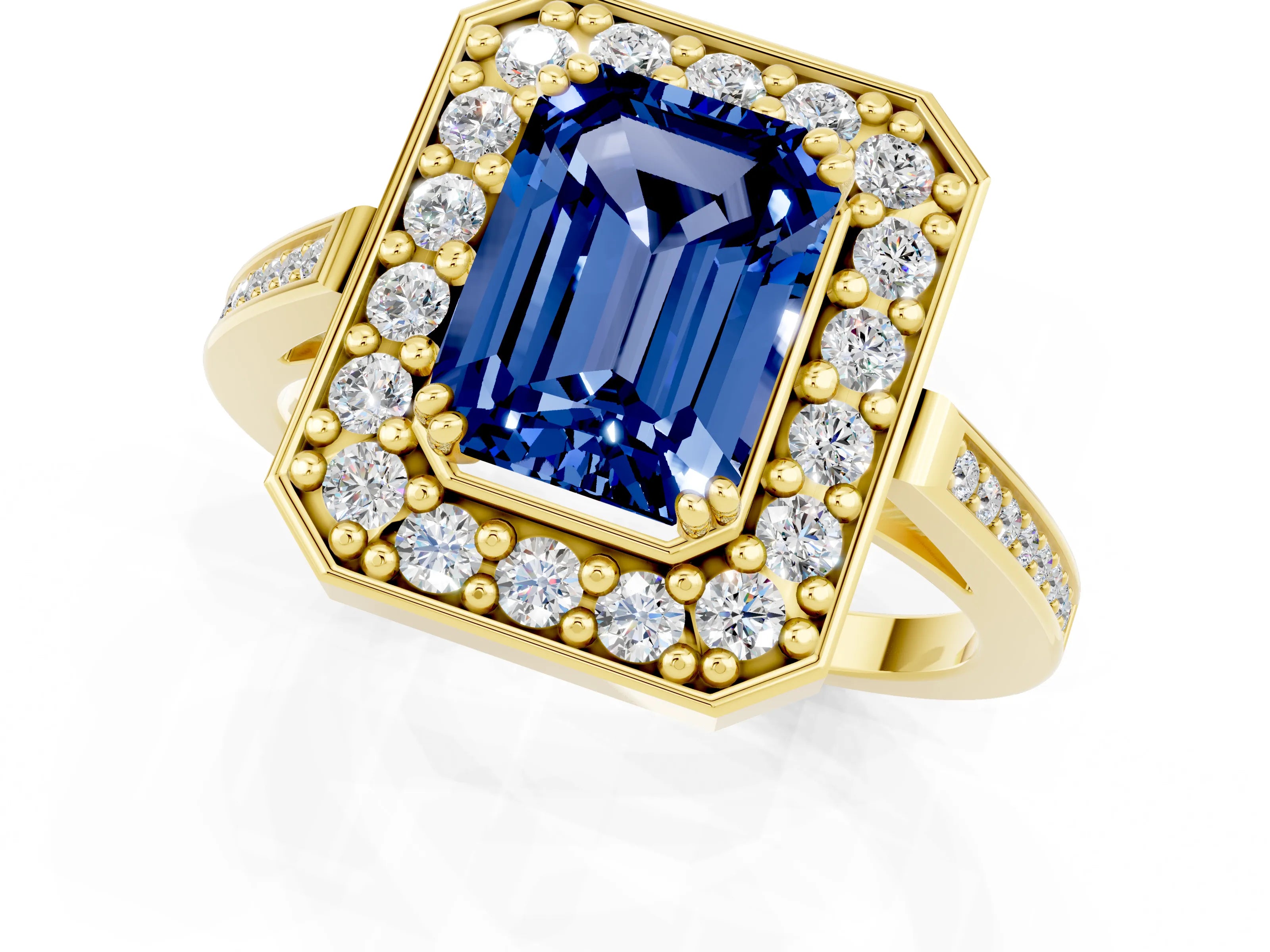 Yellow gold {shape_name} Blue Sapphire Halo Ring with Split Shank and Four-Prong Setting_1