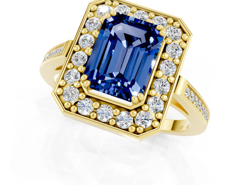 Yellow gold {shape_name} Blue Sapphire Halo Ring with Split Shank and Four-Prong Setting_1