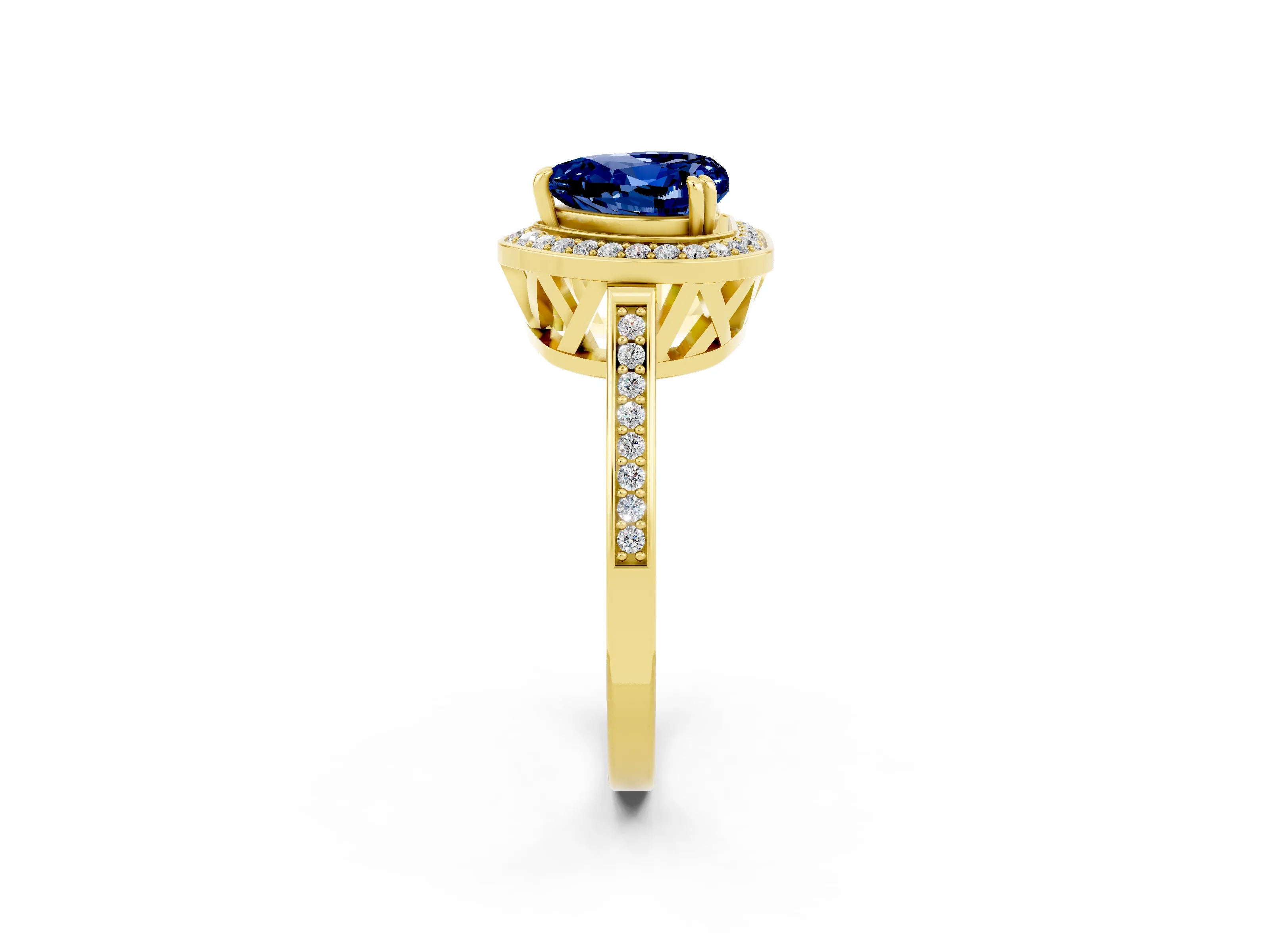 Yellow gold {shape_name} Blue Sapphire Halo Ring with Split Shank and Four-Prong Setting_2