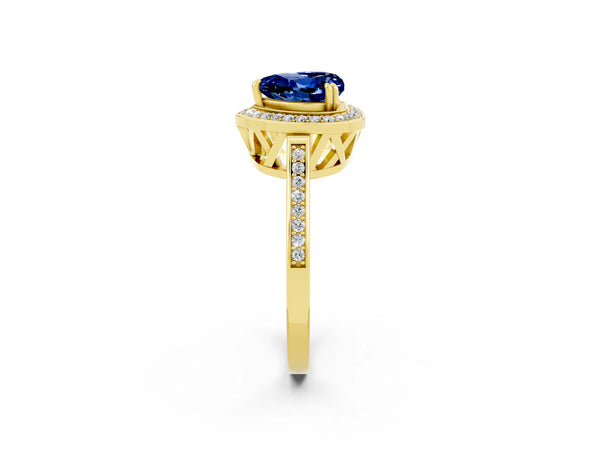Yellow gold Heart Cut Blue Sapphire Halo Ring with Split Shank and Four-Prong Setting