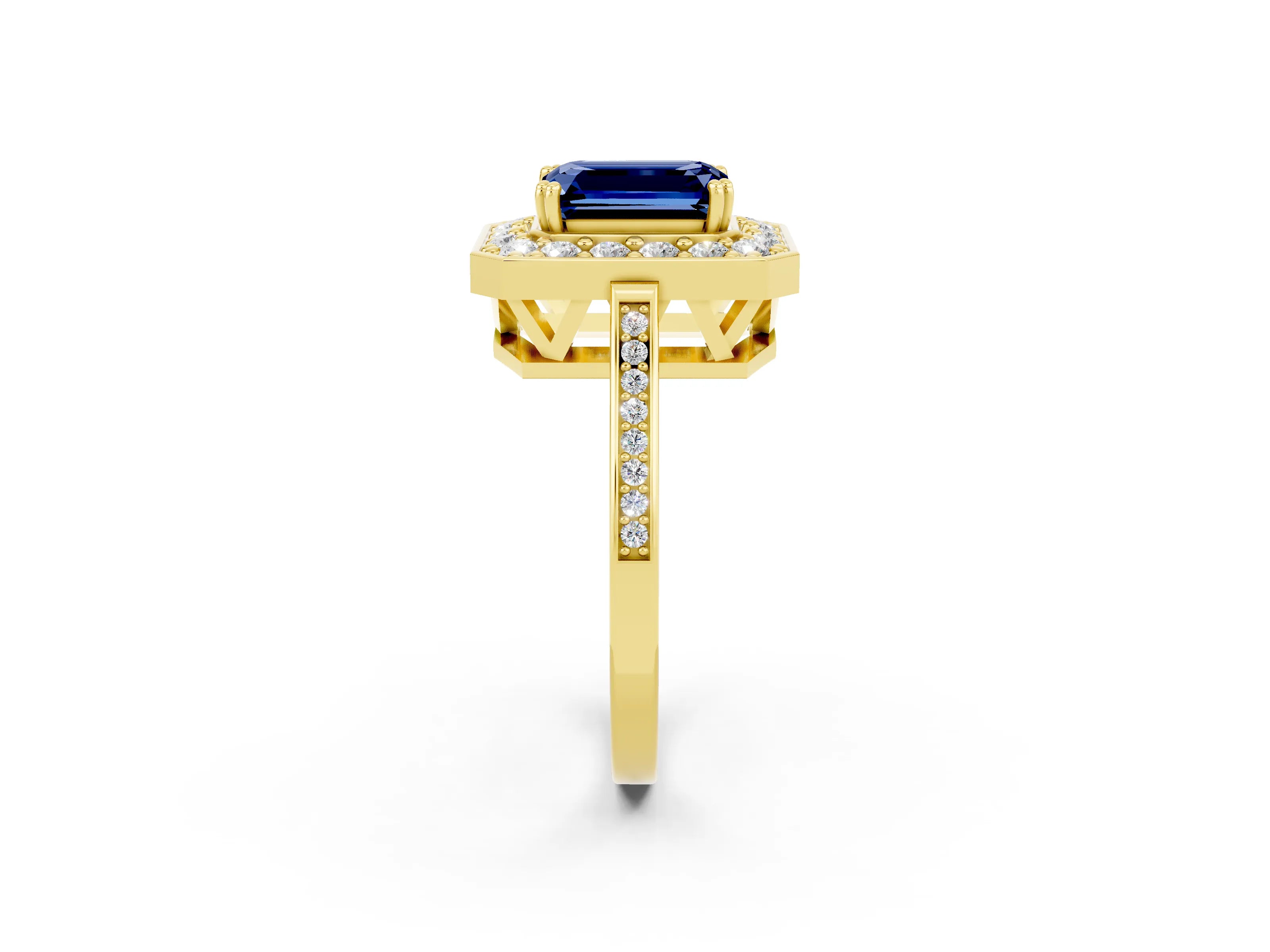 Yellow gold {shape_name} Blue Sapphire Halo Ring with Split Shank and Four-Prong Setting_2