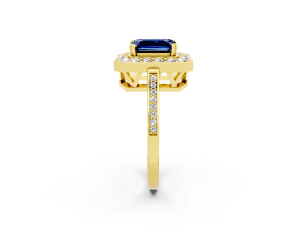 Yellow gold Emerald Cut Blue Sapphire Halo Ring with Split Shank and Four-Prong Setting