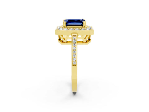 Yellow gold {shape_name} Blue Sapphire Halo Ring with Split Shank and Four-Prong Setting_2