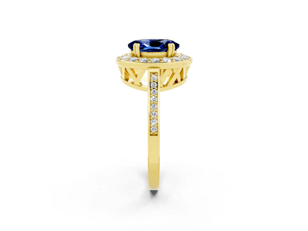 Yellow gold Oval Cut Blue Sapphire Halo Ring with Split Shank and Four-Prong Setting
