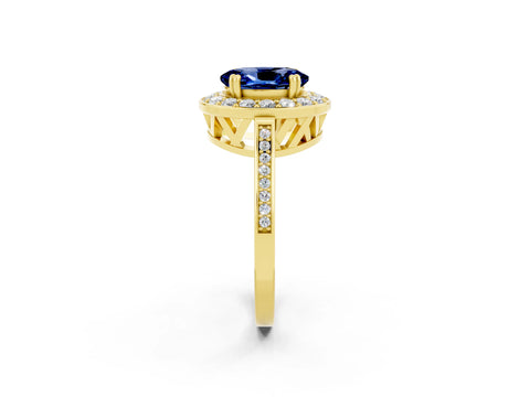 Yellow gold {shape_name} Blue Sapphire Halo Ring with Split Shank and Four-Prong Setting_2