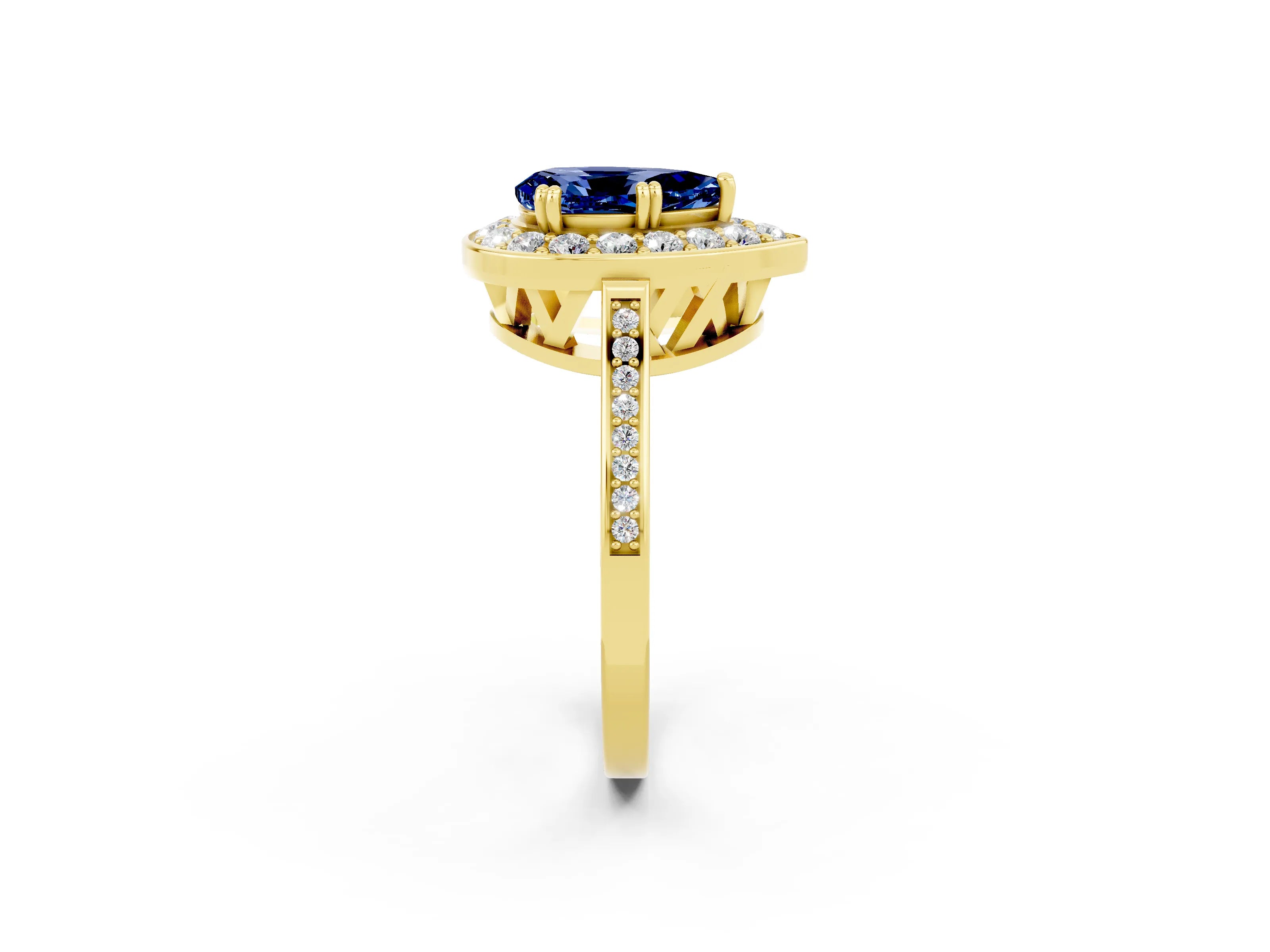 Yellow gold {shape_name} Blue Sapphire Halo Ring with Split Shank and Four-Prong Setting_2