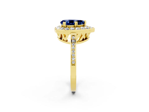 Yellow gold {shape_name} Blue Sapphire Halo Ring with Split Shank and Four-Prong Setting_2