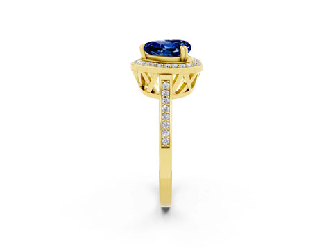 Yellow gold {shape_name} Blue Sapphire Halo Ring with Split Shank and Four-Prong Setting_2