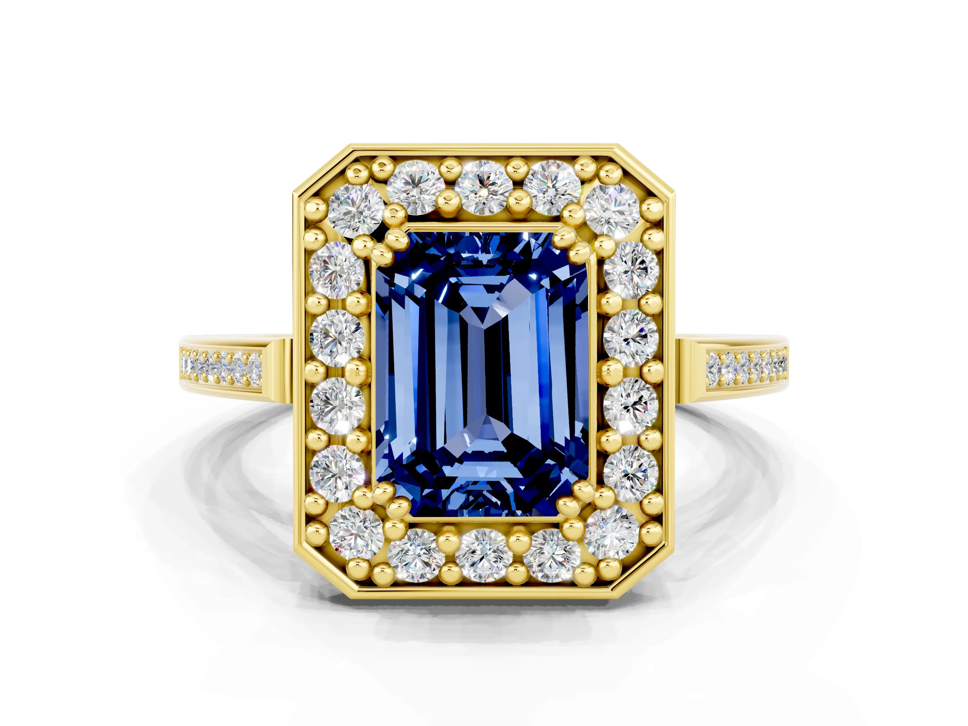 Yellow gold {shape_name} Blue Sapphire Halo Ring with Split Shank and Four-Prong Setting