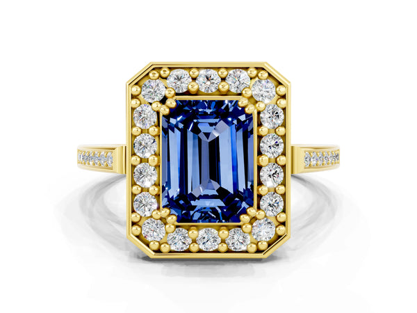 Yellow gold Emerald Cut Blue Sapphire Halo Ring with Split Shank and Four-Prong Setting