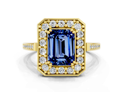 Yellow gold {shape_name} Blue Sapphire Halo Ring with Split Shank and Four-Prong Setting