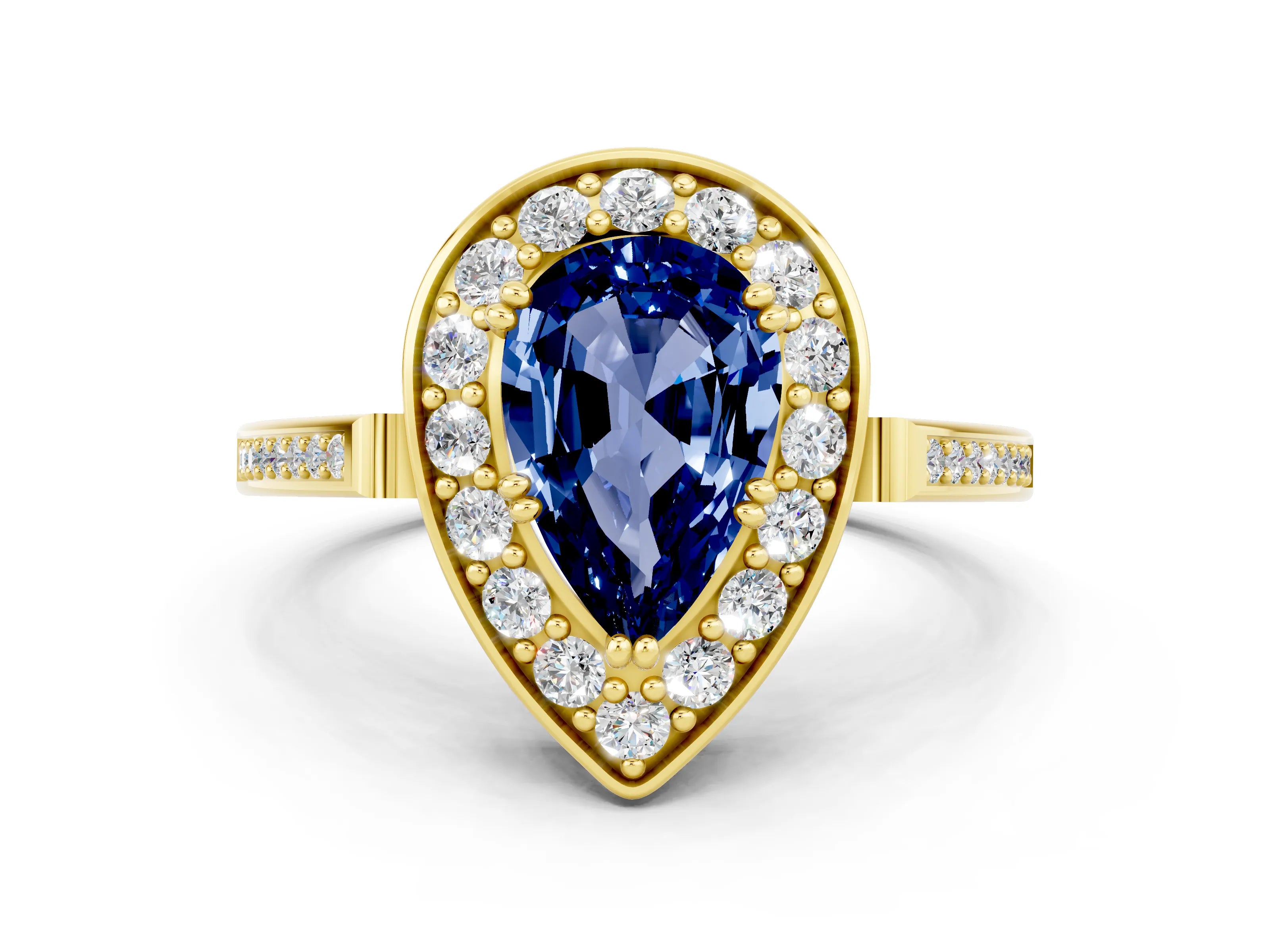 Yellow gold {shape_name} Blue Sapphire Halo Ring with Split Shank and Four-Prong Setting