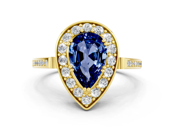 Yellow gold Pear Cut Blue Sapphire Halo Ring with Split Shank and Four-Prong Setting
