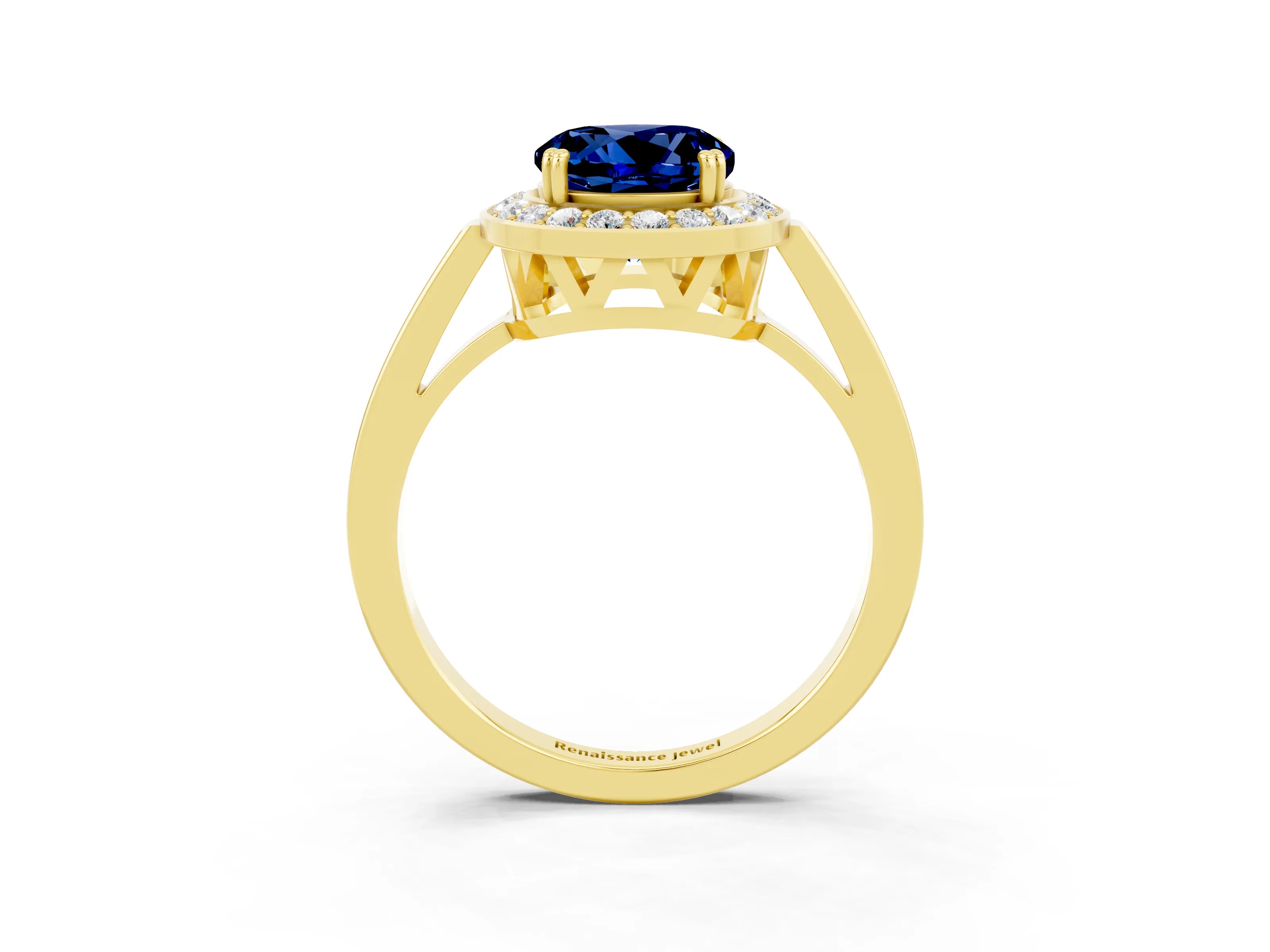 Yellow gold {shape_name} Blue Sapphire Halo Ring with Split Shank and Four-Prong Setting_3