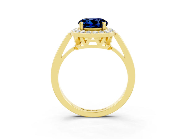 Yellow gold Round Cut Blue Sapphire Halo Ring with Split Shank and Four-Prong Setting