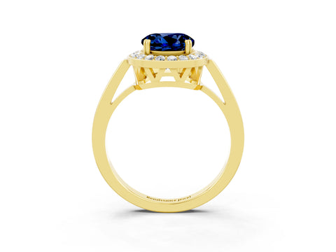 Yellow gold {shape_name} Blue Sapphire Halo Ring with Split Shank and Four-Prong Setting_3