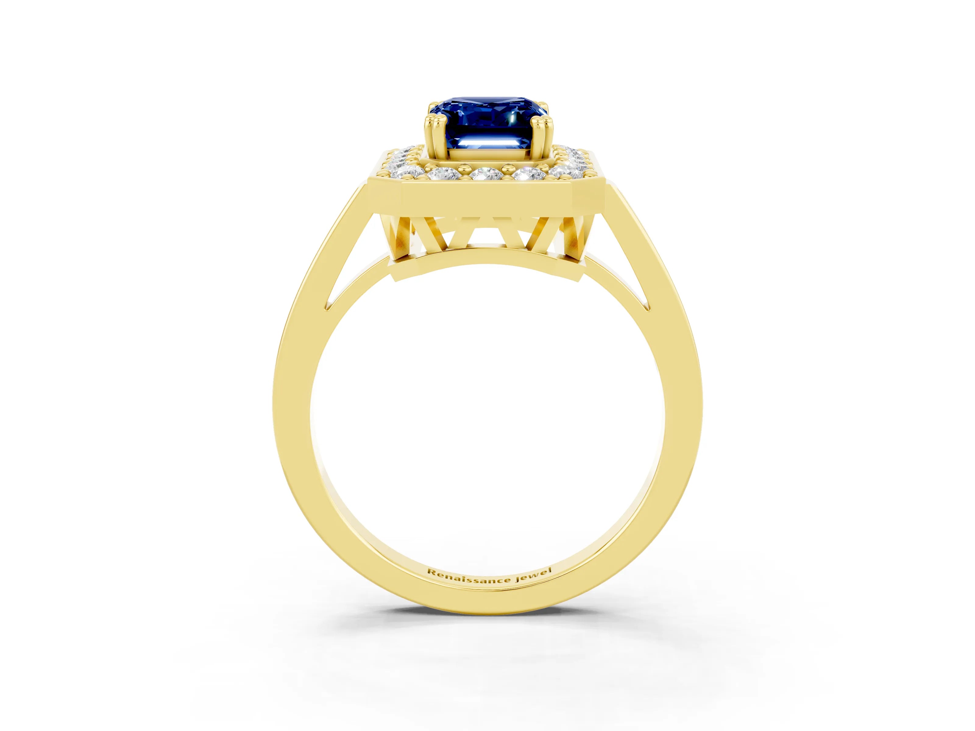 Yellow gold {shape_name} Blue Sapphire Halo Ring with Split Shank and Four-Prong Setting_3