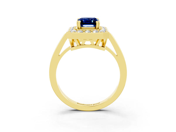 Yellow gold Emerald Cut Blue Sapphire Halo Ring with Split Shank and Four-Prong Setting