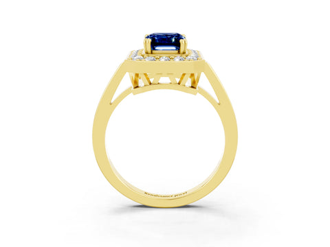 Yellow gold {shape_name} Blue Sapphire Halo Ring with Split Shank and Four-Prong Setting_3