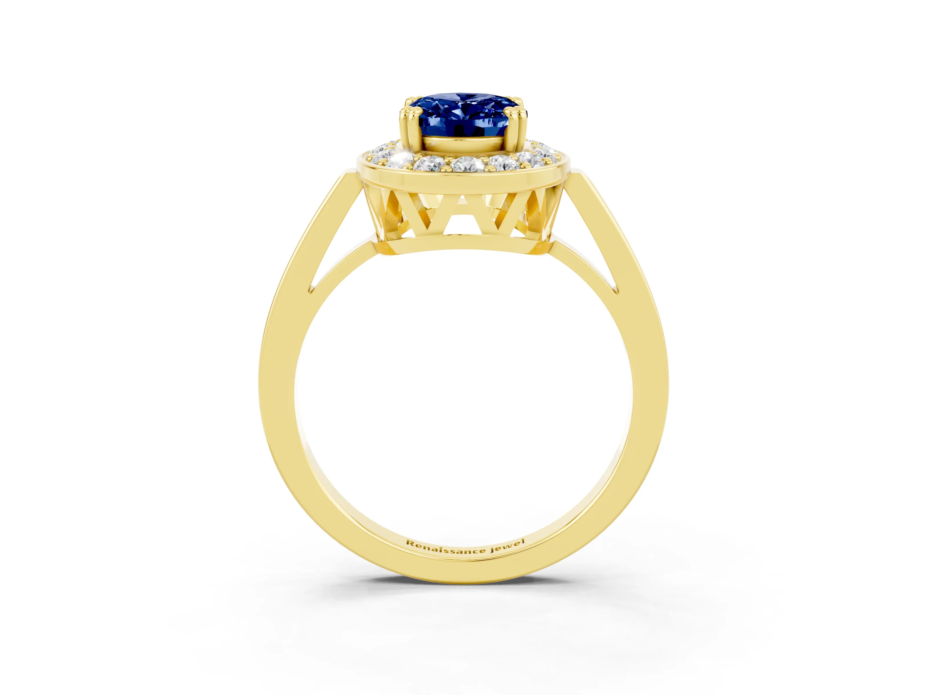 Yellow gold {shape_name} Blue Sapphire Halo Ring with Split Shank and Four-Prong Setting_3