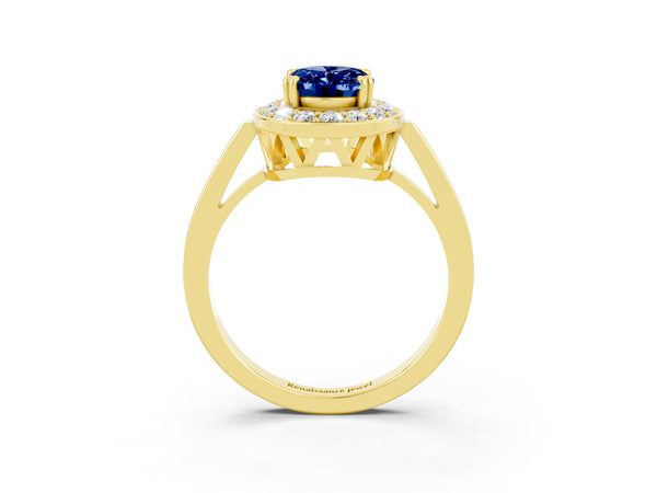 Yellow gold Oval Cut Blue Sapphire Halo Ring with Split Shank and Four-Prong Setting