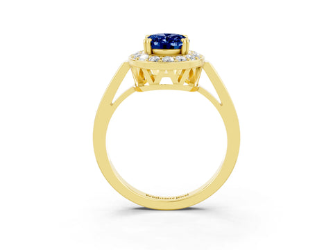 Yellow gold {shape_name} Blue Sapphire Halo Ring with Split Shank and Four-Prong Setting_3