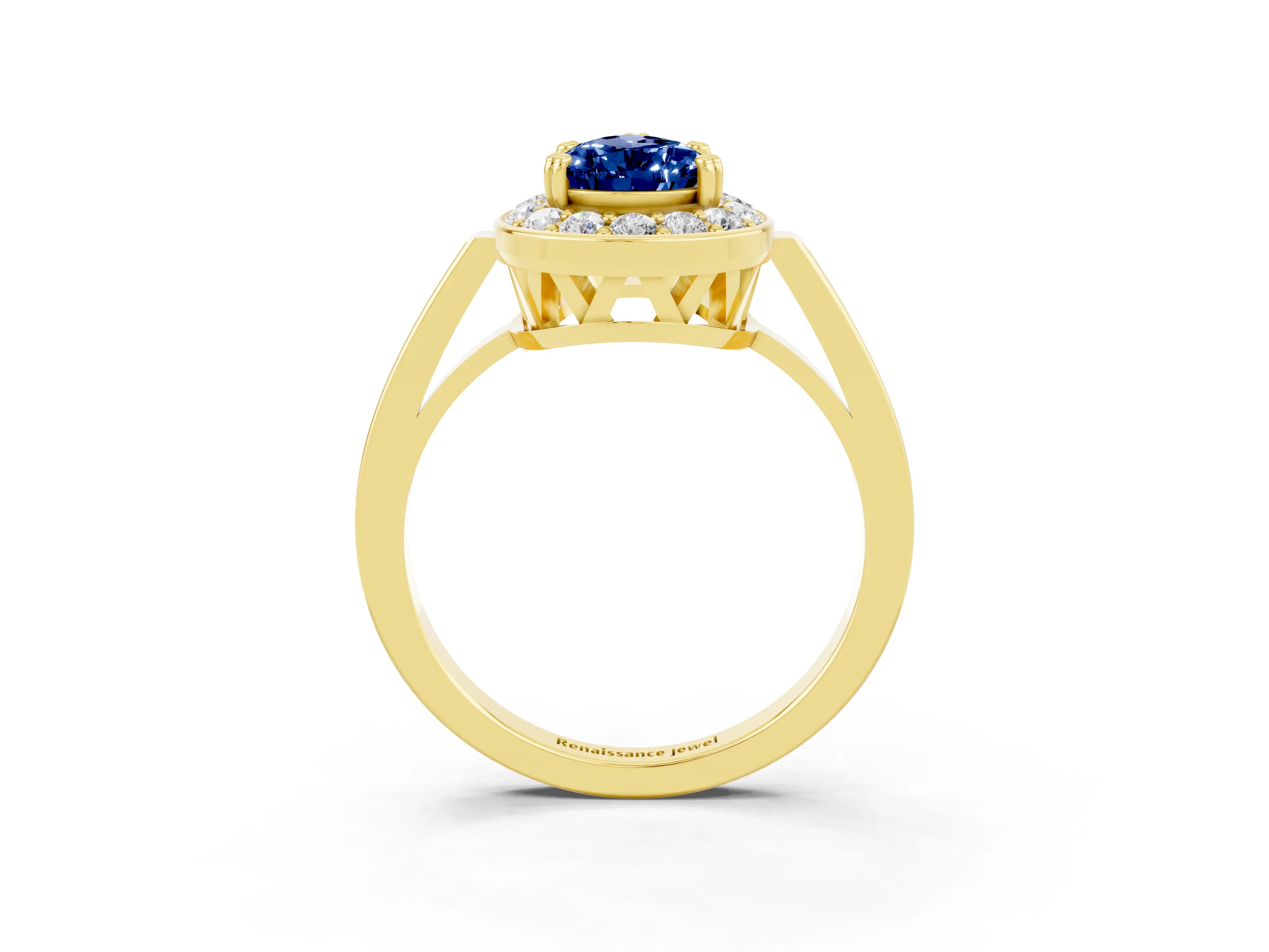 Yellow gold {shape_name} Blue Sapphire Halo Ring with Split Shank and Four-Prong Setting_3