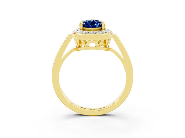 Yellow gold Pear Cut Blue Sapphire Halo Ring with Split Shank and Four-Prong Setting