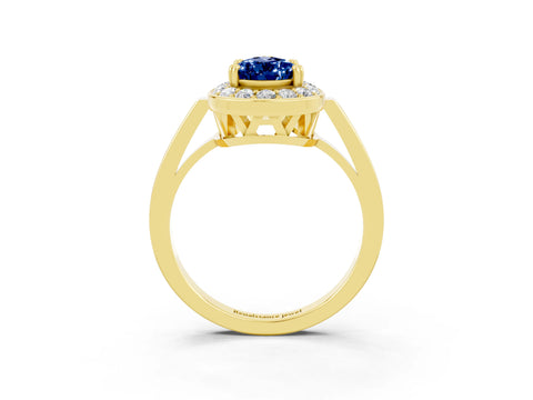 Yellow gold {shape_name} Blue Sapphire Halo Ring with Split Shank and Four-Prong Setting_3