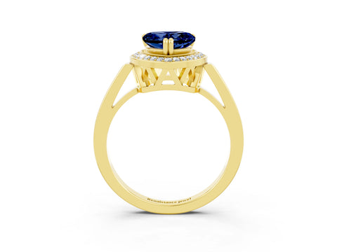 Yellow gold {shape_name} Blue Sapphire Halo Ring with Split Shank and Four-Prong Setting_3