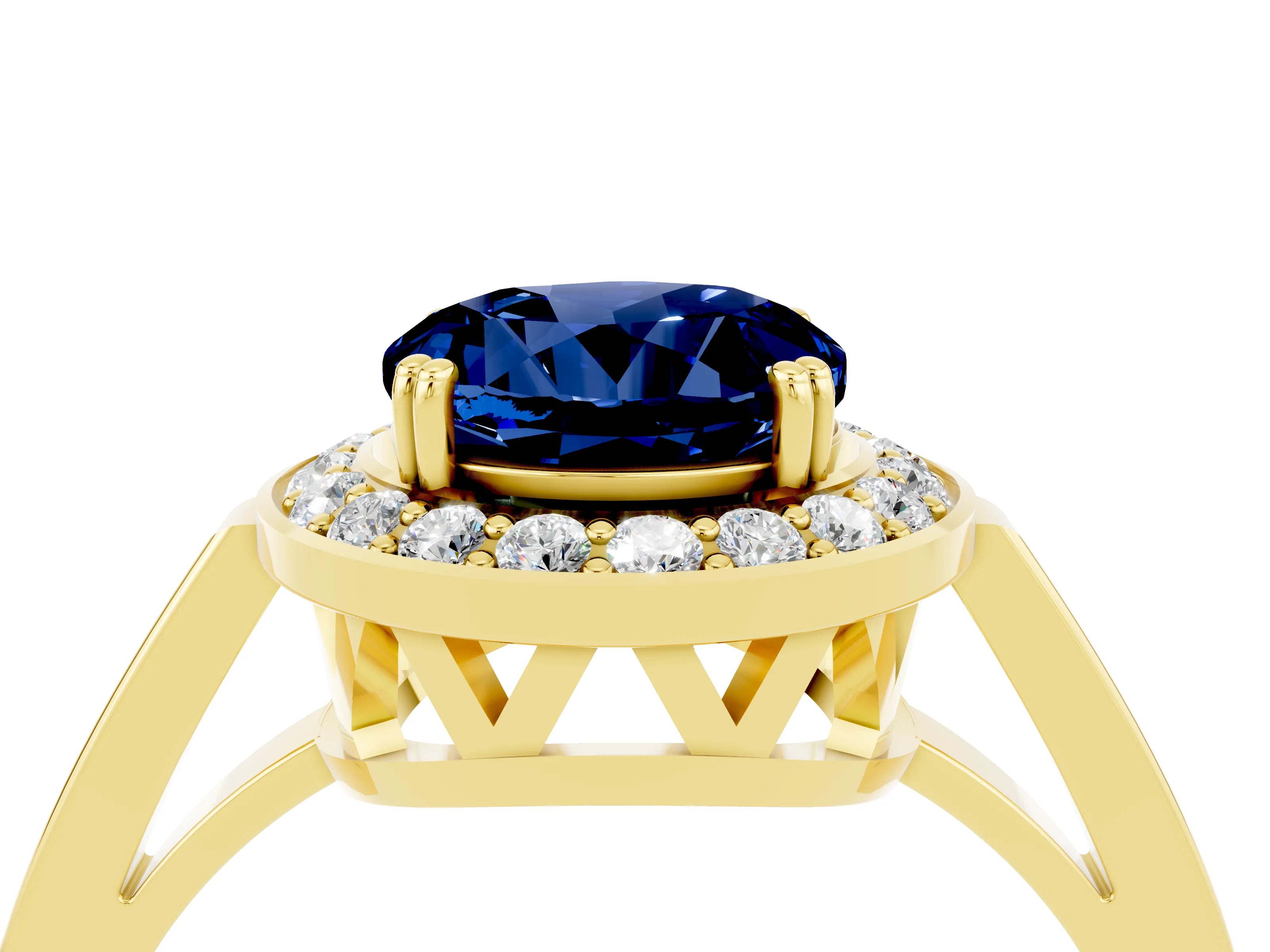 Yellow gold {shape_name} Blue Sapphire Halo Ring with Split Shank and Four-Prong Setting_4