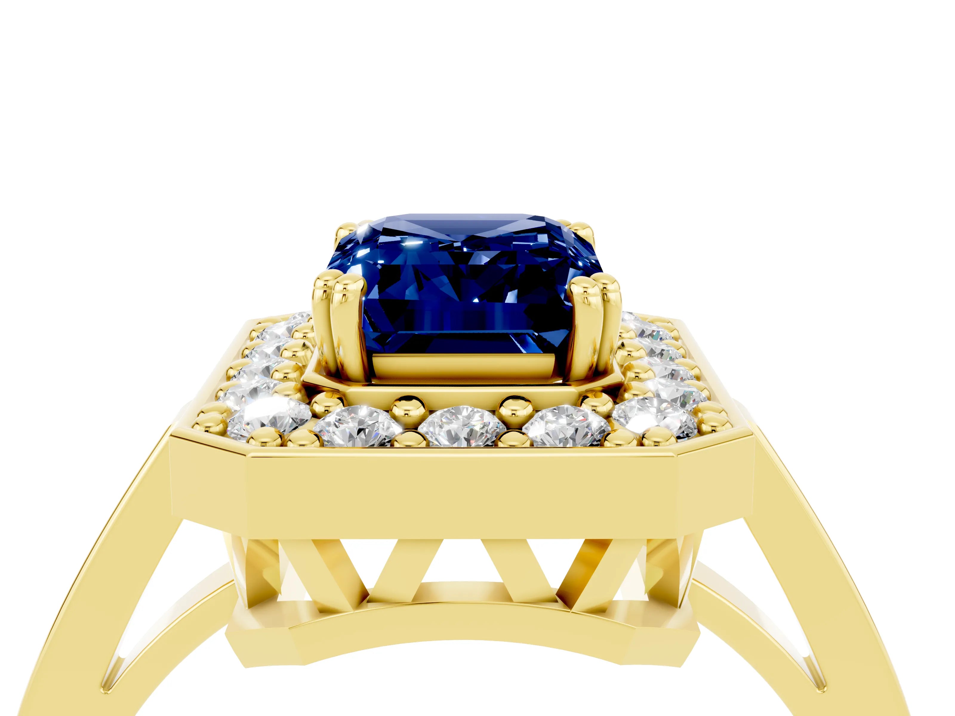 Yellow gold {shape_name} Blue Sapphire Halo Ring with Split Shank and Four-Prong Setting_4