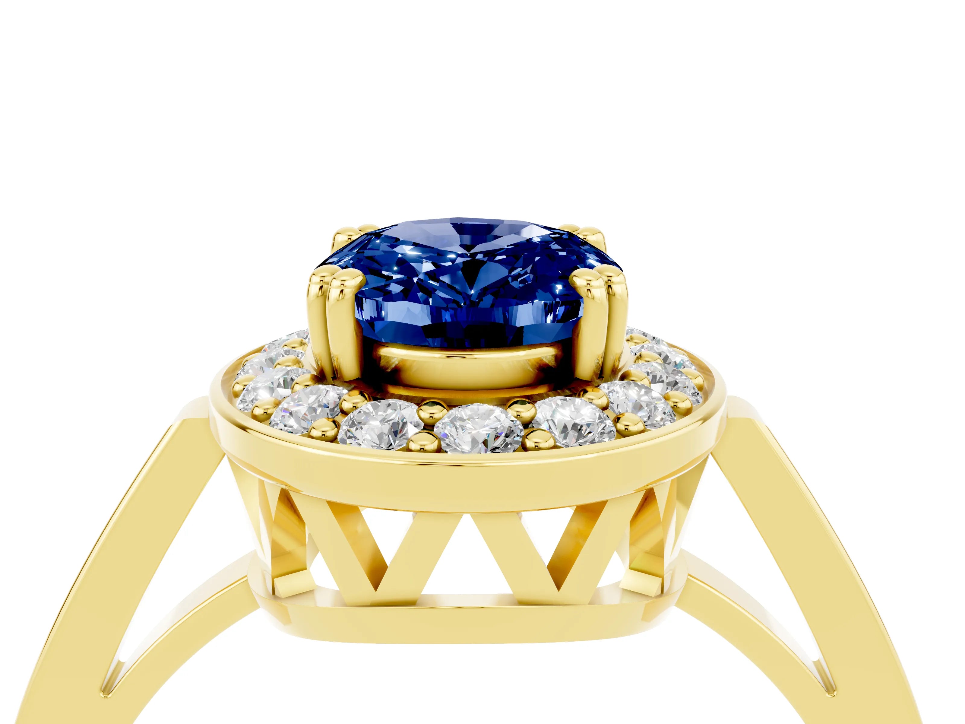 Yellow gold {shape_name} Blue Sapphire Halo Ring with Split Shank and Four-Prong Setting_4