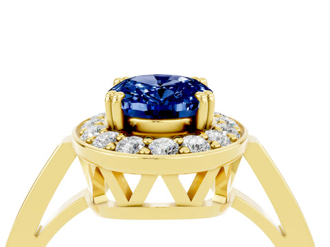 Yellow gold {shape_name} Blue Sapphire Halo Ring with Split Shank and Four-Prong Setting_4