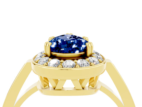 Yellow gold {shape_name} Blue Sapphire Halo Ring with Split Shank and Four-Prong Setting_4