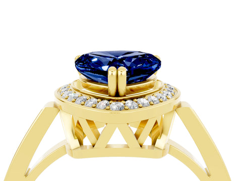 Yellow gold {shape_name} Blue Sapphire Halo Ring with Split Shank and Four-Prong Setting_4