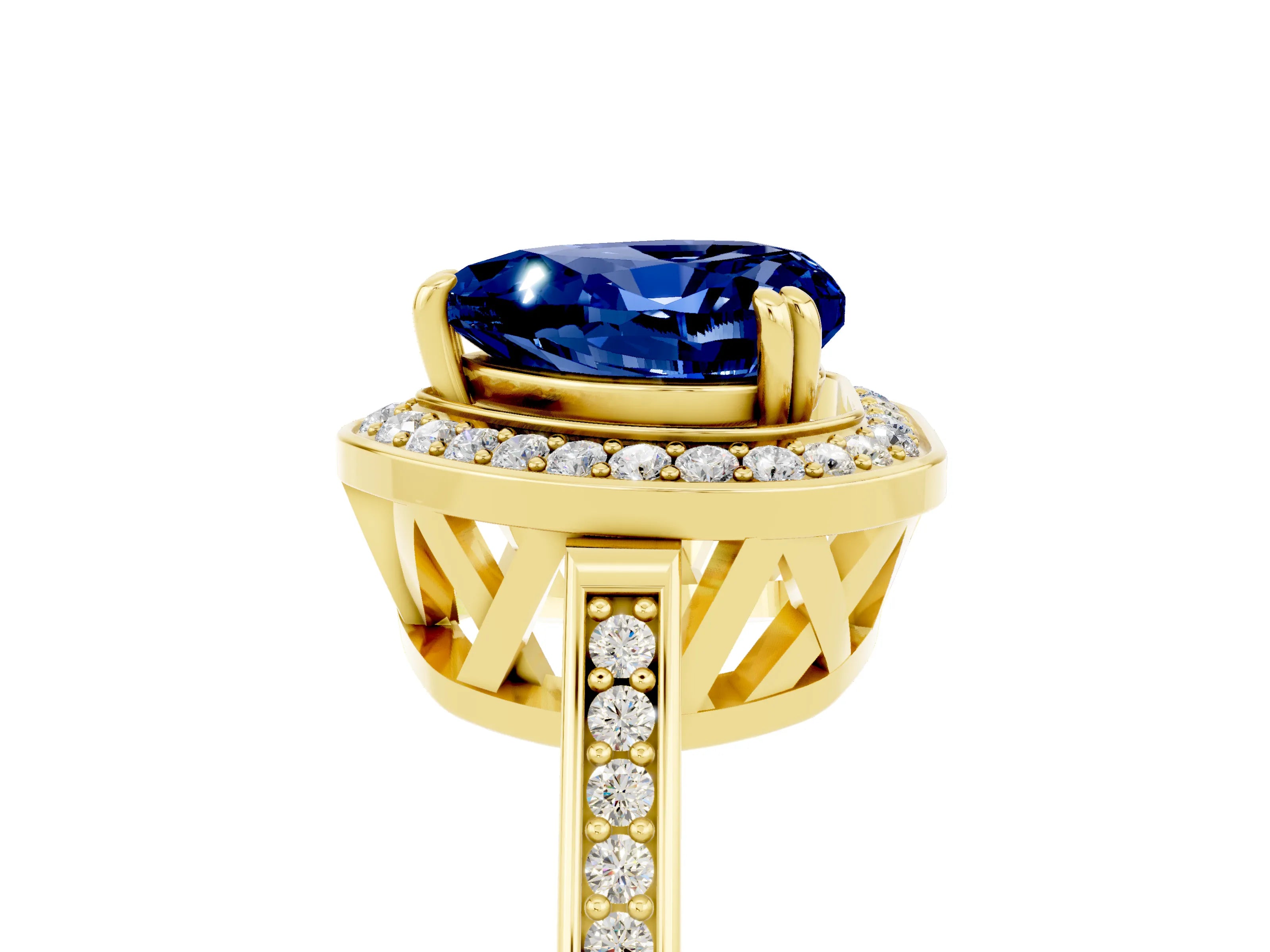 Yellow gold {shape_name} Blue Sapphire Halo Ring with Split Shank and Four-Prong Setting_5