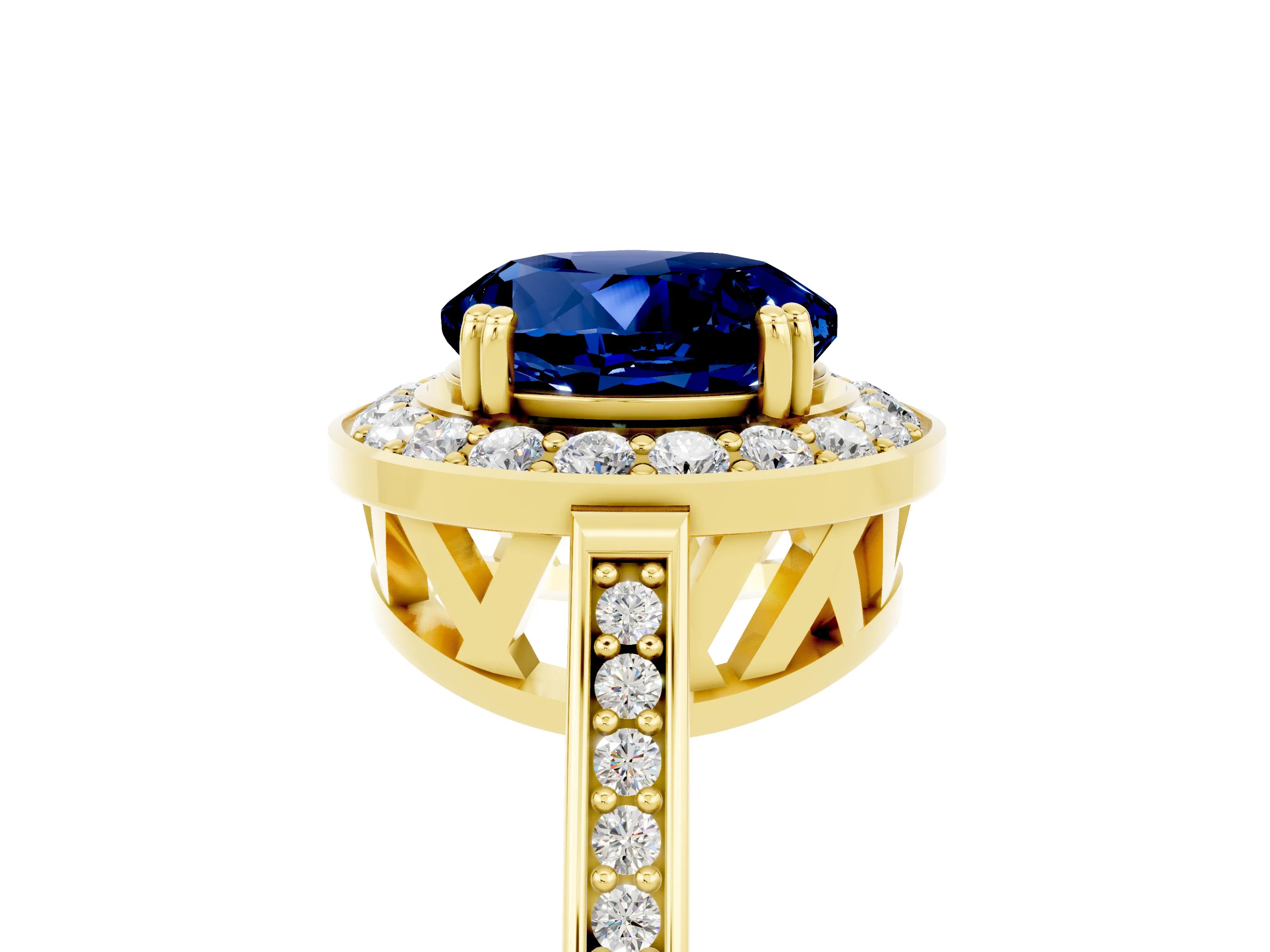 Yellow gold {shape_name} Blue Sapphire Halo Ring with Split Shank and Four-Prong Setting_5