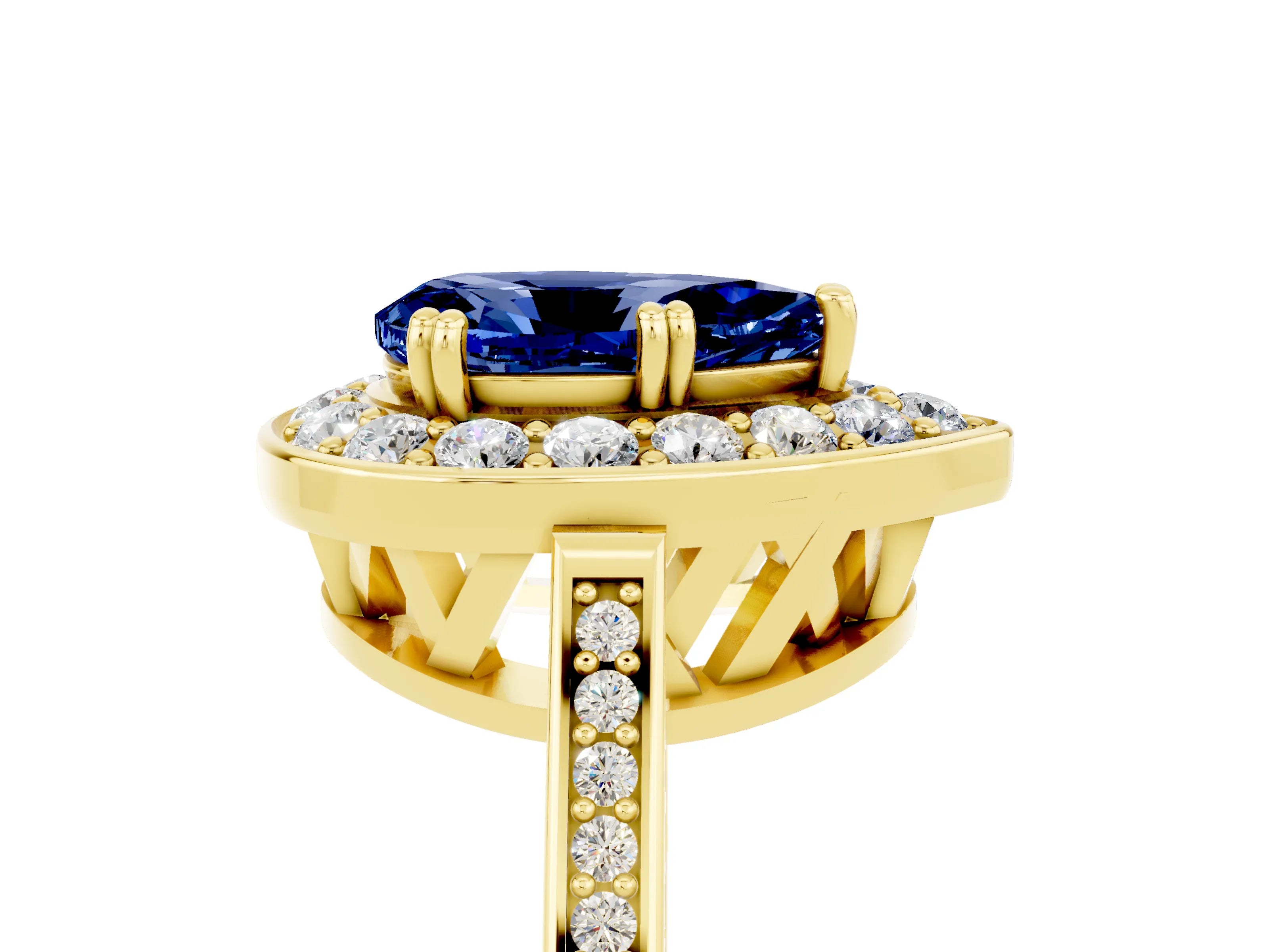 Yellow gold {shape_name} Blue Sapphire Halo Ring with Split Shank and Four-Prong Setting_5
