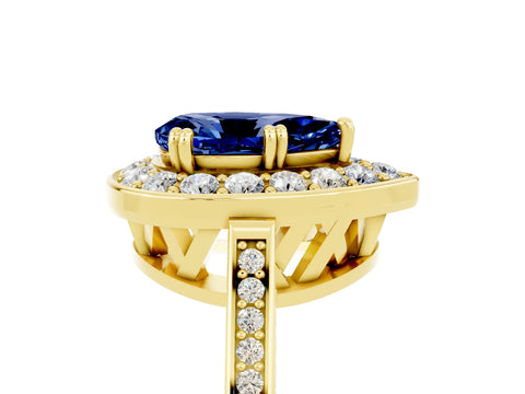 Yellow gold {shape_name} Blue Sapphire Halo Ring with Split Shank and Four-Prong Setting_5
