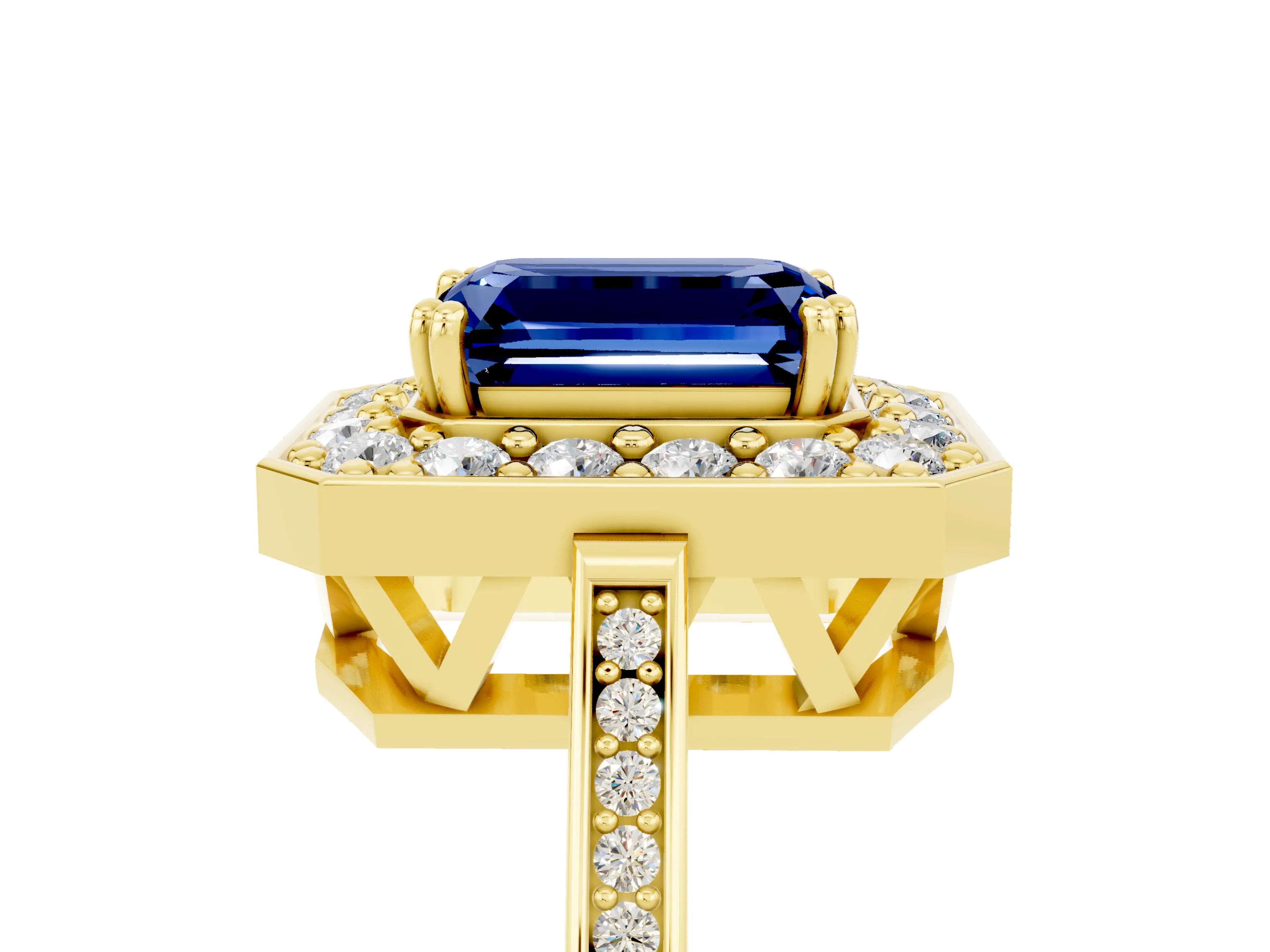 Yellow gold {shape_name} Blue Sapphire Halo Ring with Split Shank and Four-Prong Setting_5