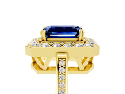 Yellow gold {shape_name} Blue Sapphire Halo Ring with Split Shank and Four-Prong Setting_5