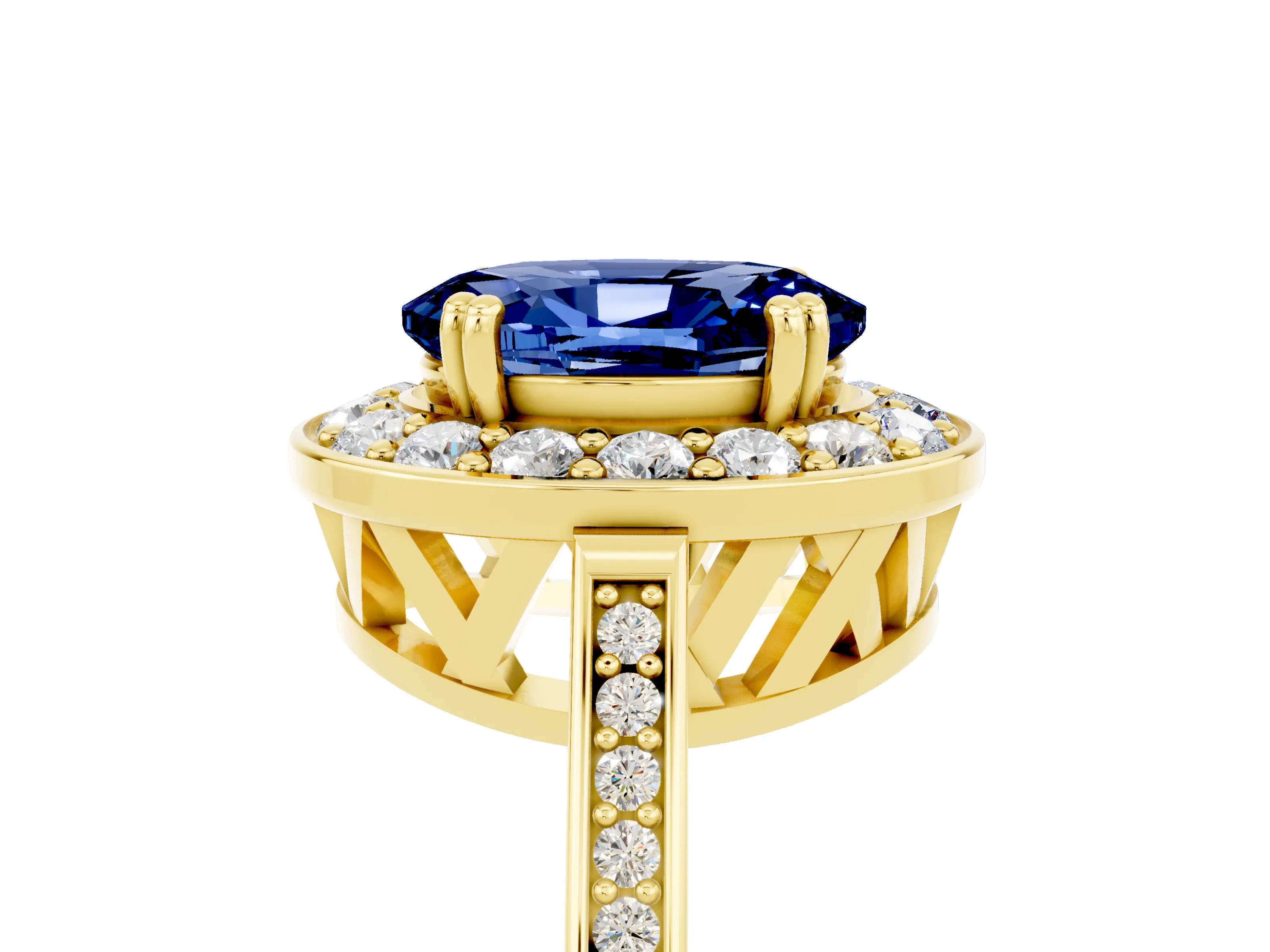 Yellow gold {shape_name} Blue Sapphire Halo Ring with Split Shank and Four-Prong Setting_5