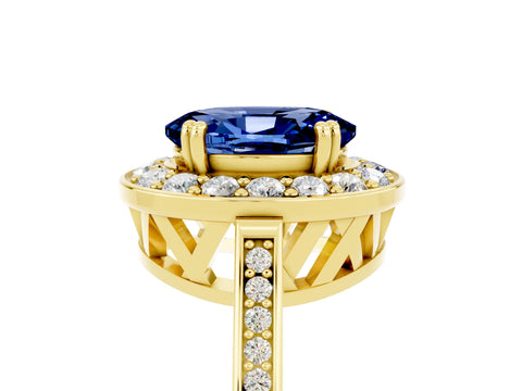 Yellow gold {shape_name} Blue Sapphire Halo Ring with Split Shank and Four-Prong Setting_5