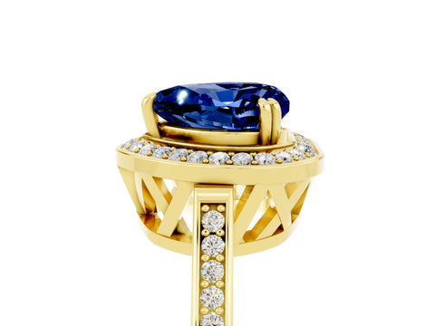 Yellow gold {shape_name} Blue Sapphire Halo Ring with Split Shank and Four-Prong Setting_5